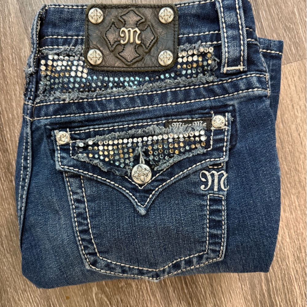 Miss Me Blue Straight Leg Jeans with Silver, Bronze and Blue Details